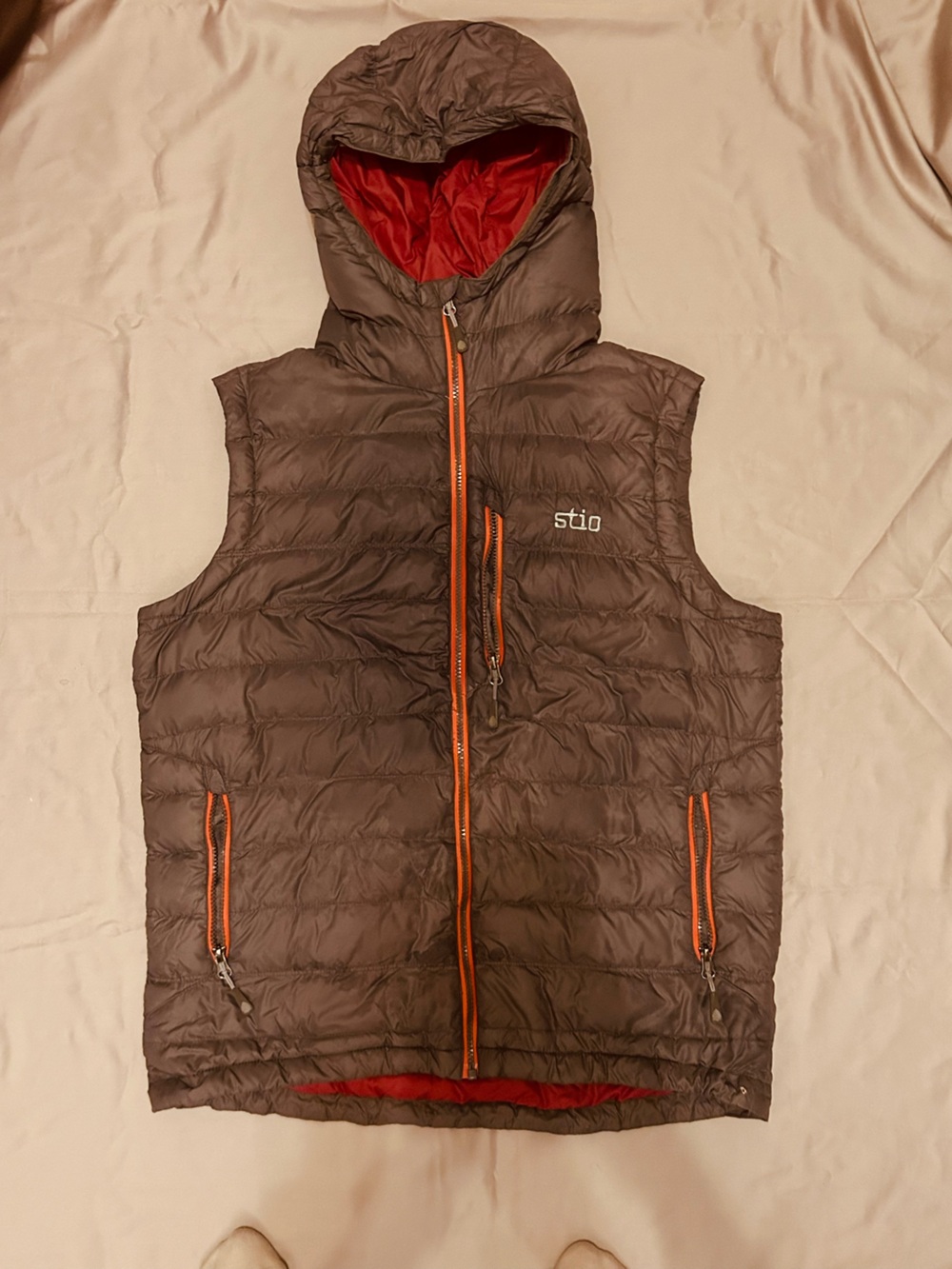 Stio Brown Hooded Down Vest with Orange Accents Size Medium